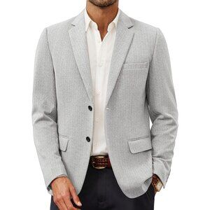 🆕Men's Light Grey Herringbone Blazer 2 Button Sport Coat Casual Knit Polyester